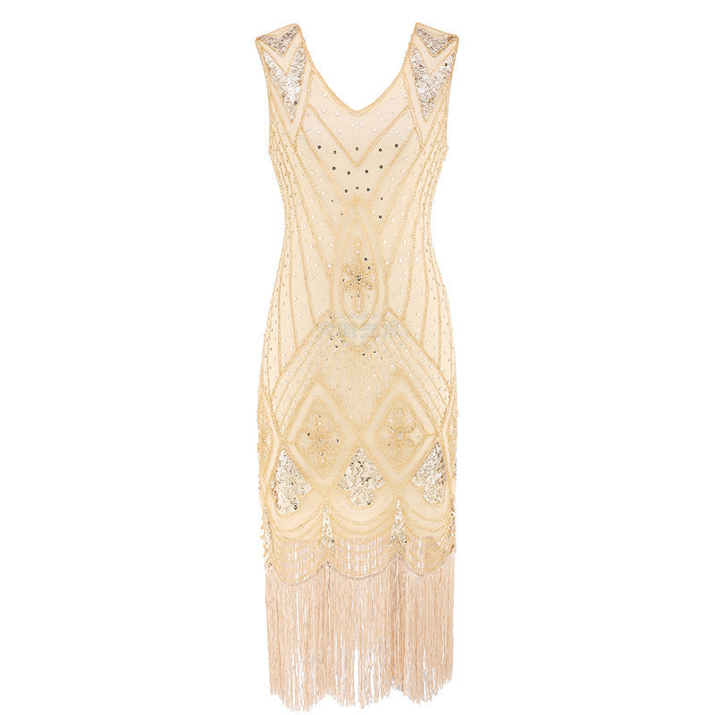Women Vintage 1920s Glamour Beaded Fringed Gatsby Party Flapper Dress Beige
