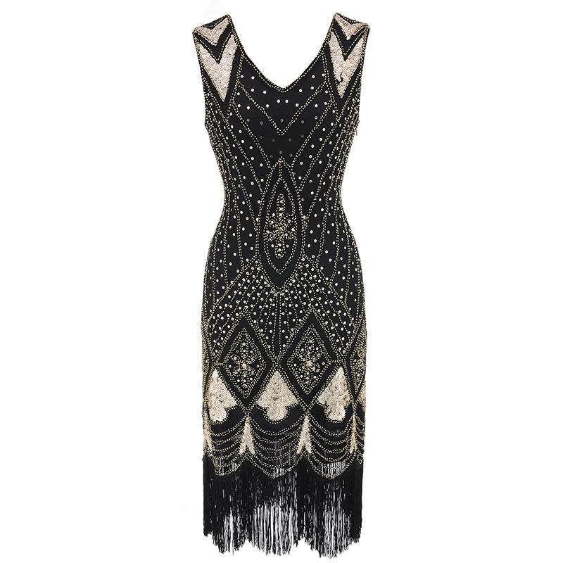 Women Vintage 1920s Glamour Beaded Fringed Gatsby Party Flapper Dress Gold