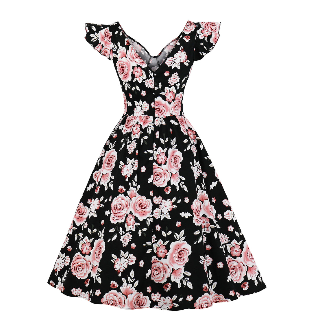 Women Vintage 1950s Cocktail Party Swing Dresses with Ruffle Cap Sleeves V Neck Floral Print Dress Black