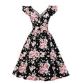 Women Vintage 1950s Cocktail Party Swing Dresses with Ruffle Cap Sleeves V Neck Floral Print Dress Black
