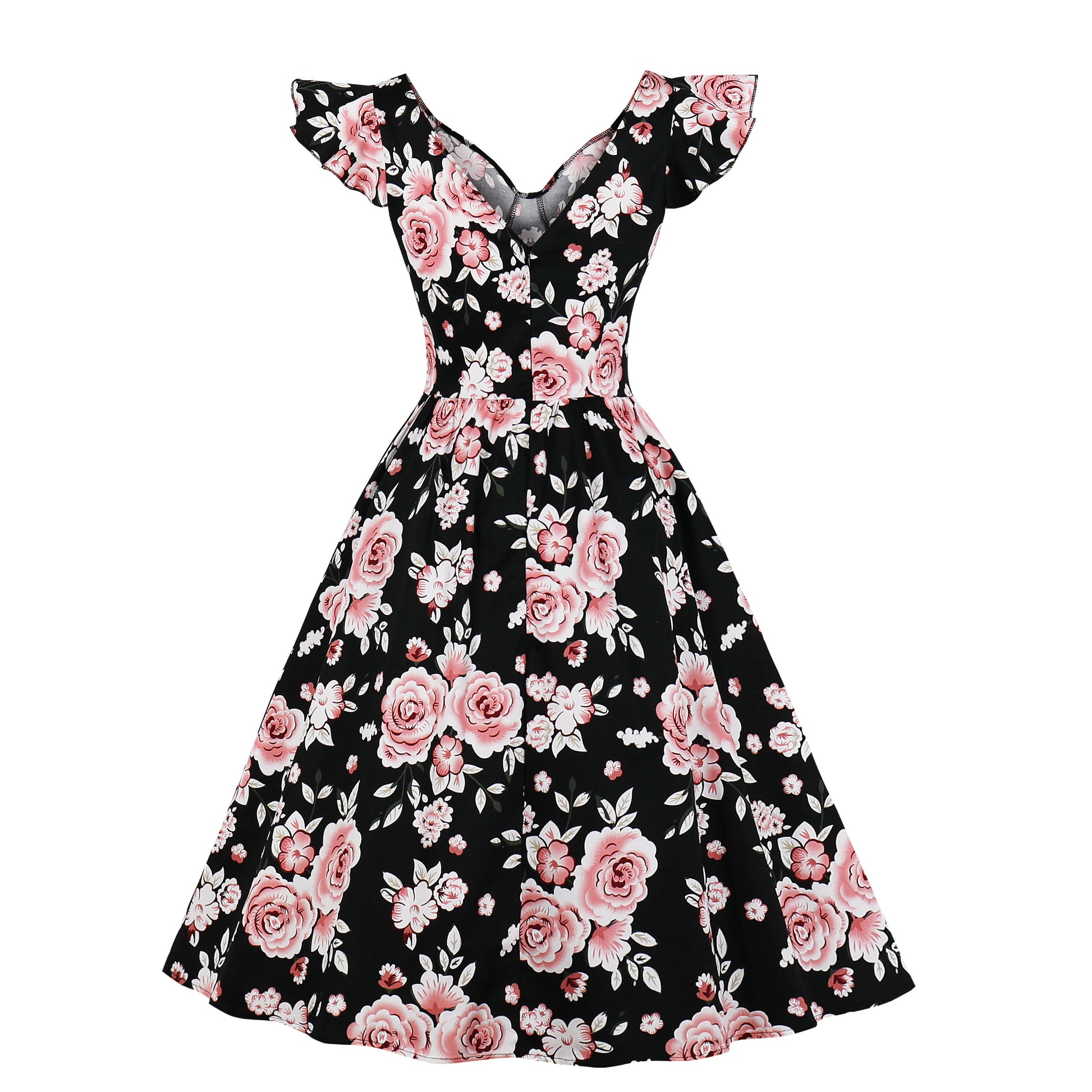 Women Vintage 1950s Cocktail Party Swing Dresses with Ruffle Cap Sleeves V Neck Floral Print Dress Black