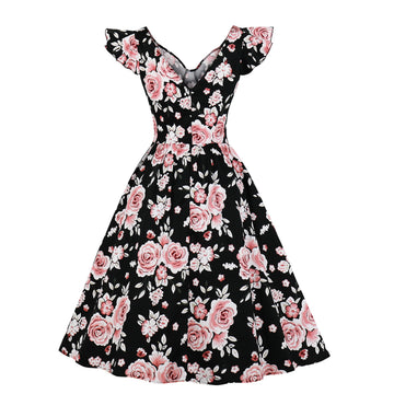 Women Vintage 1950s Cocktail Party Swing Dresses with Ruffle Cap Sleeves V Neck Floral Print Dress Black