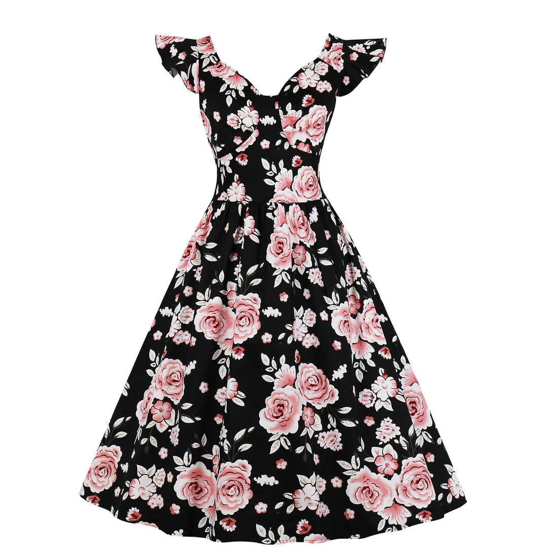 Women Vintage 1950s Cocktail Party Swing Dresses with Ruffle Cap Sleeves V Neck Floral Print Dress Black