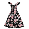 Women Vintage 1950s Cocktail Party Swing Dresses with Ruffle Cap Sleeves V Neck Floral Print Dress Black