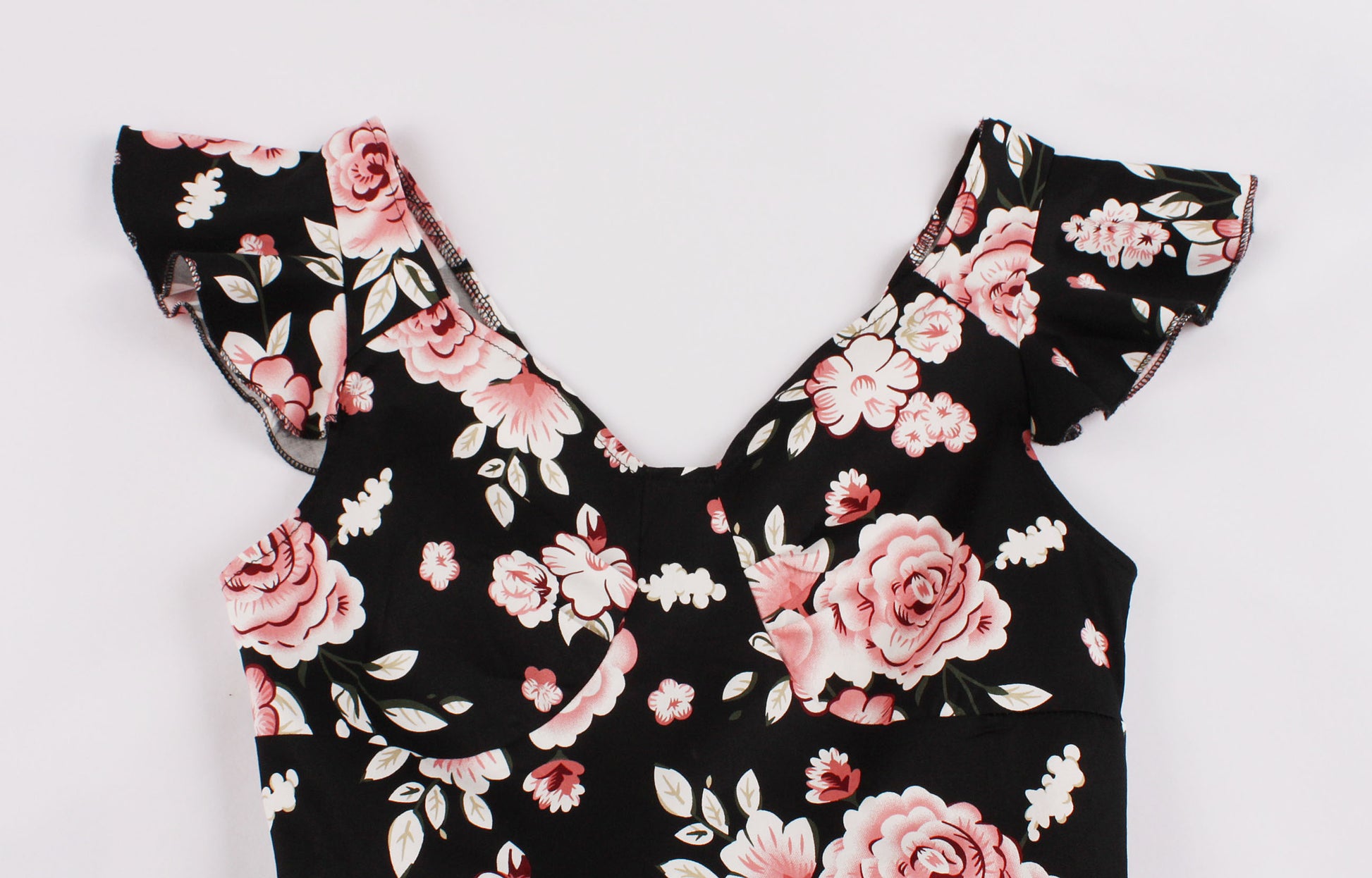Women Vintage 1950s Cocktail Party Swing Dresses with Ruffle Cap Sleeves V Neck Floral Print Dress Black