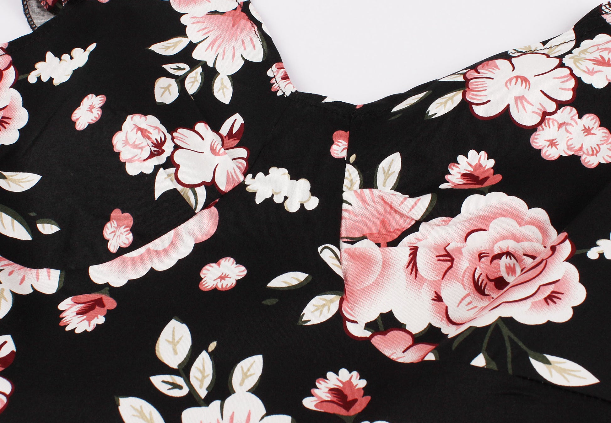 Women Vintage 1950s Cocktail Party Swing Dresses with Ruffle Cap Sleeves V Neck Floral Print Dress Black