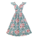 Women Vintage 1950s Cocktail Party Swing Dresses with Ruffle Cap Sleeves V Neck Floral Print Dress Blue