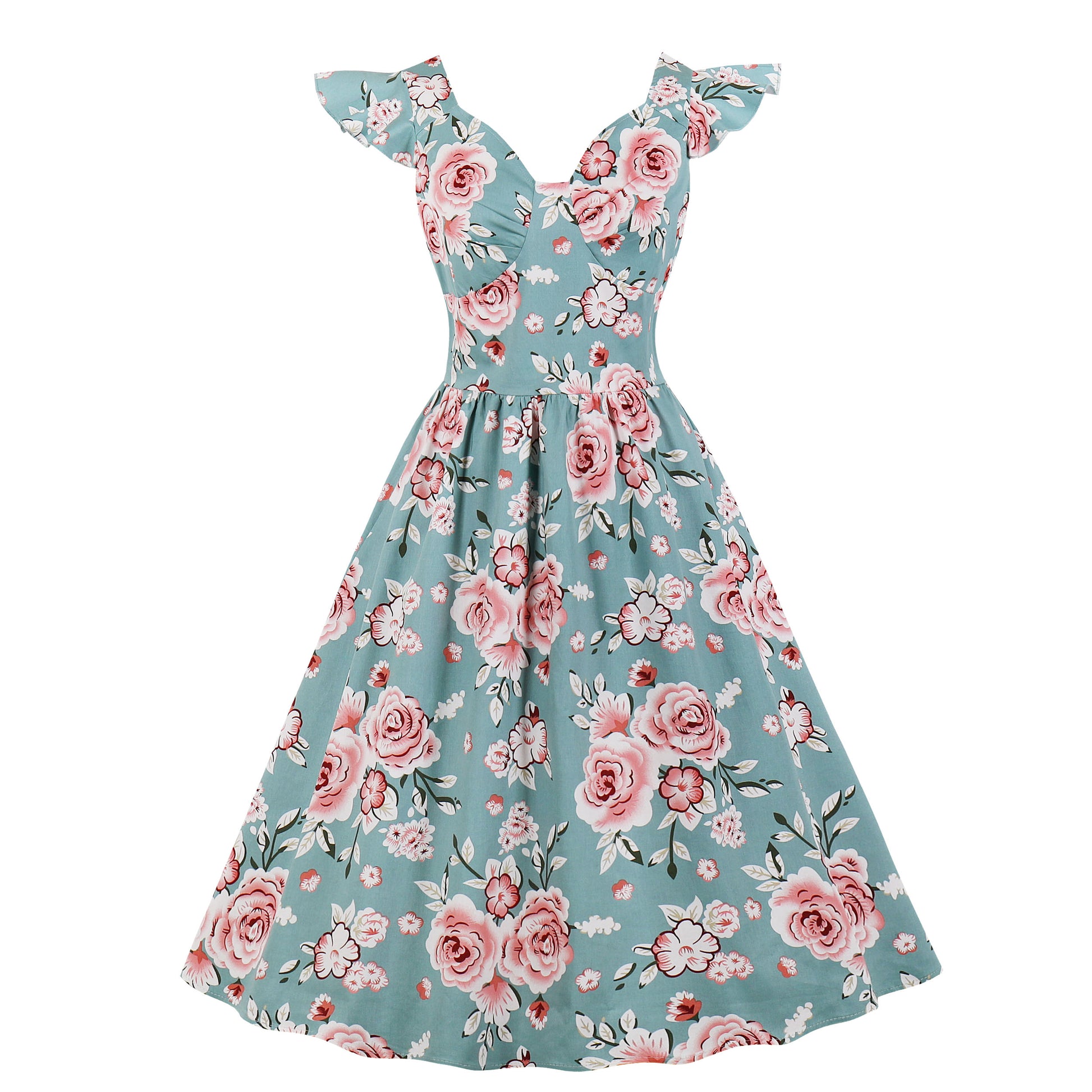 Women Vintage 1950s Cocktail Party Swing Dresses with Ruffle Cap Sleeves V Neck Floral Print Dress Blue
