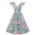 Women Vintage 1950s Cocktail Party Swing Dresses with Ruffle Cap Sleeves V Neck Floral Print Dress Blue