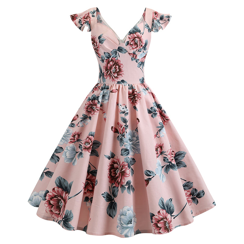 Women Vintage 1950s Cocktail Party Swing Dresses with Ruffle Cap Sleeves V Neck Floral Print Dress Pink