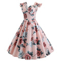 Women Vintage 1950s Cocktail Party Swing Dresses with Ruffle Cap Sleeves V Neck Floral Print Dress Pink