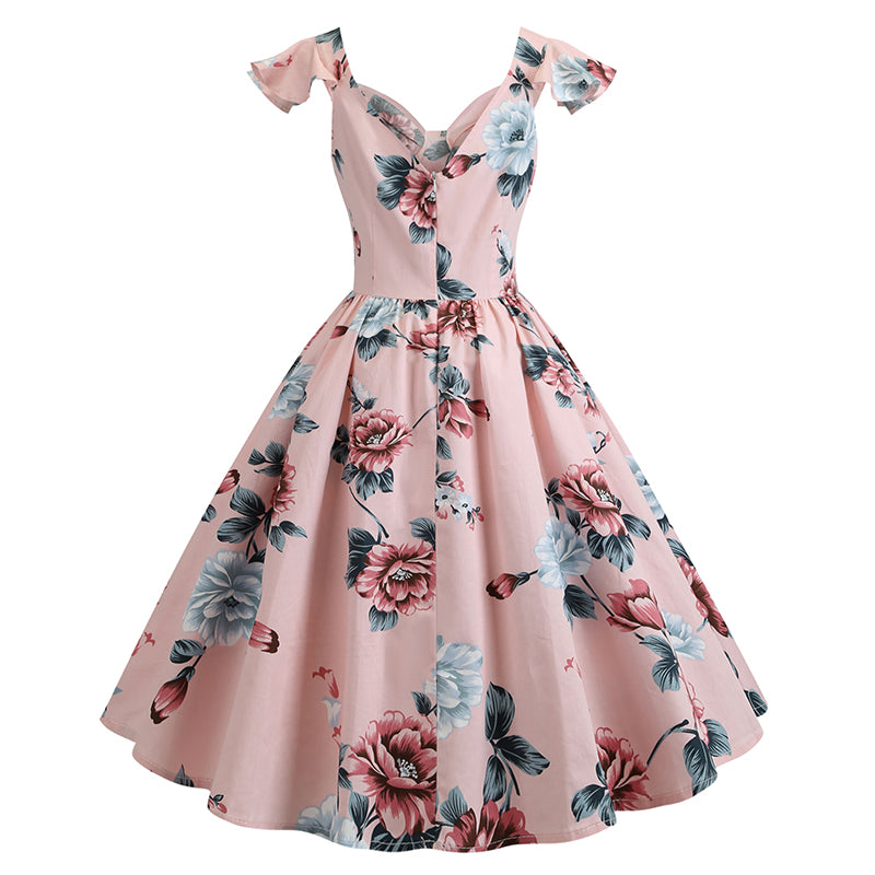 Women Vintage 1950s Cocktail Party Swing Dresses with Ruffle Cap Sleeves V Neck Floral Print Dress Pink