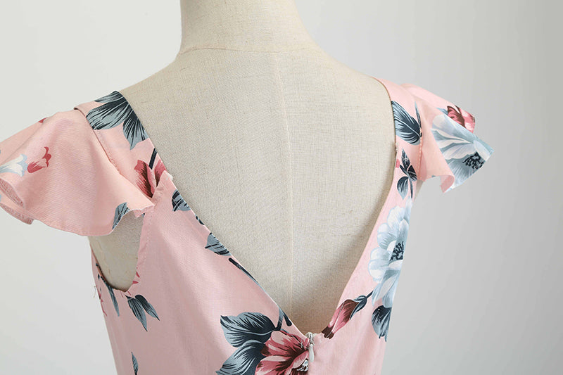 Women Vintage 1950s Cocktail Party Swing Dresses with Ruffle Cap Sleeves V Neck Floral Print Dress Pink