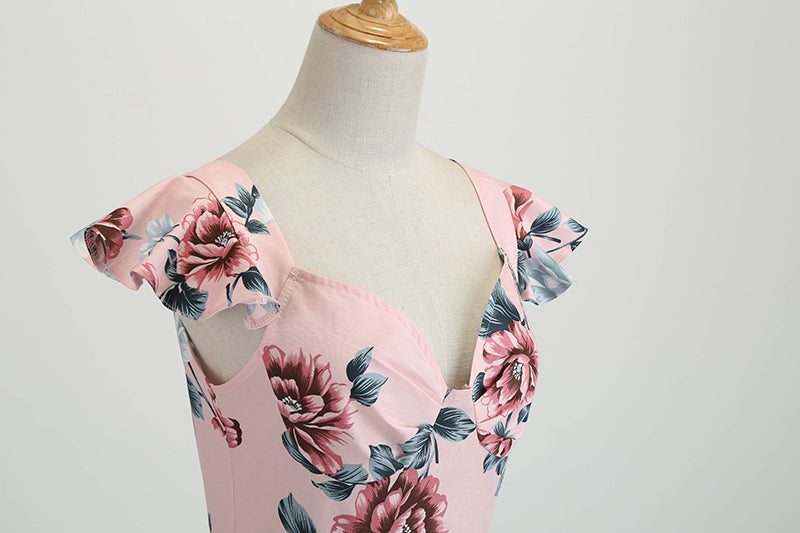 Women Vintage 1950s Cocktail Party Swing Dresses with Ruffle Cap Sleeves V Neck Floral Print Dress Pink