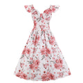 Women Vintage 1950s Cocktail Party Swing Dresses with Ruffle Cap Sleeves V Neck Floral Print Dress White
