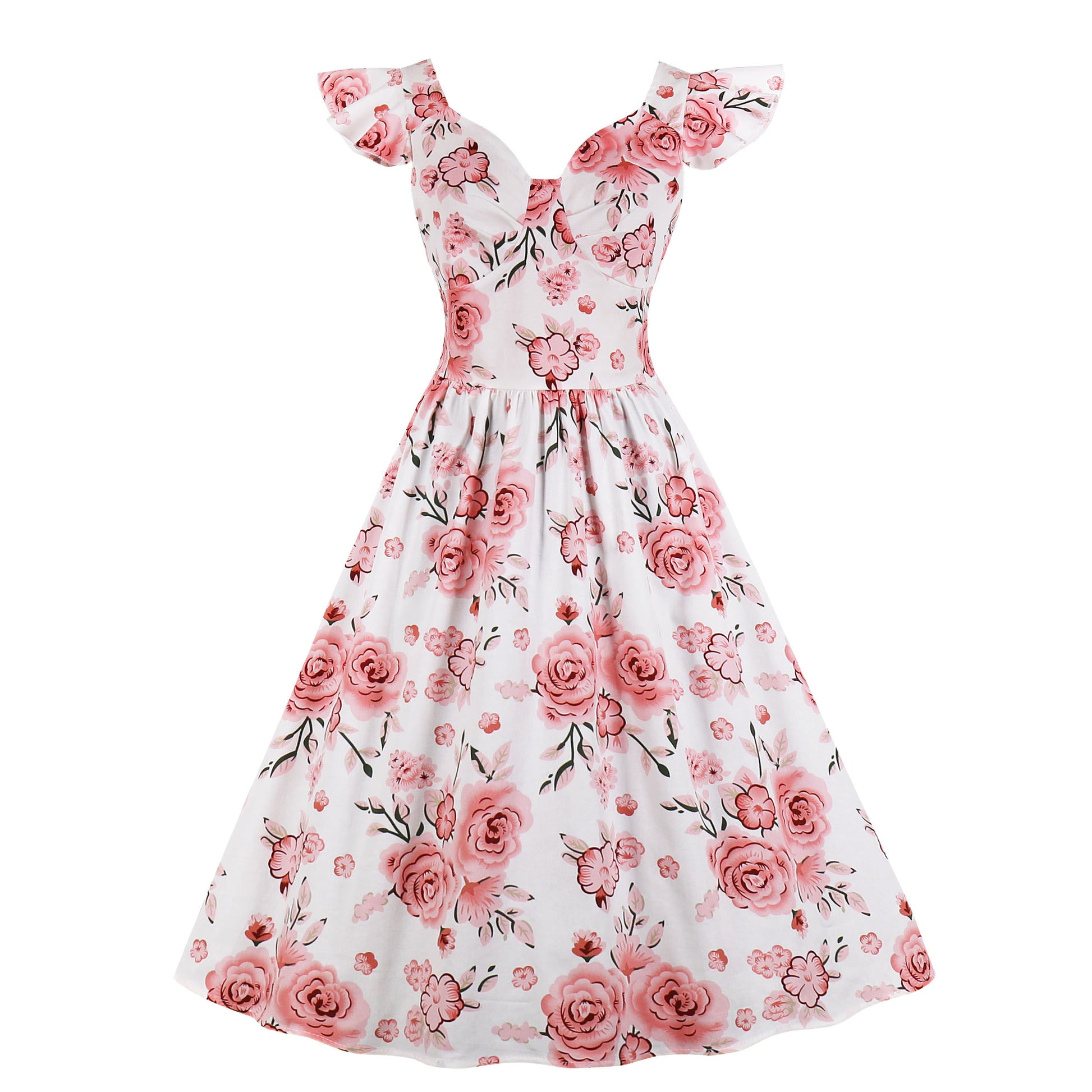 Women Vintage 1950s Cocktail Party Swing Dresses with Ruffle Cap Sleeves V Neck Floral Print Dress White