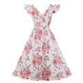 Women Vintage 1950s Cocktail Party Swing Dresses with Ruffle Cap Sleeves V Neck Floral Print Dress White
