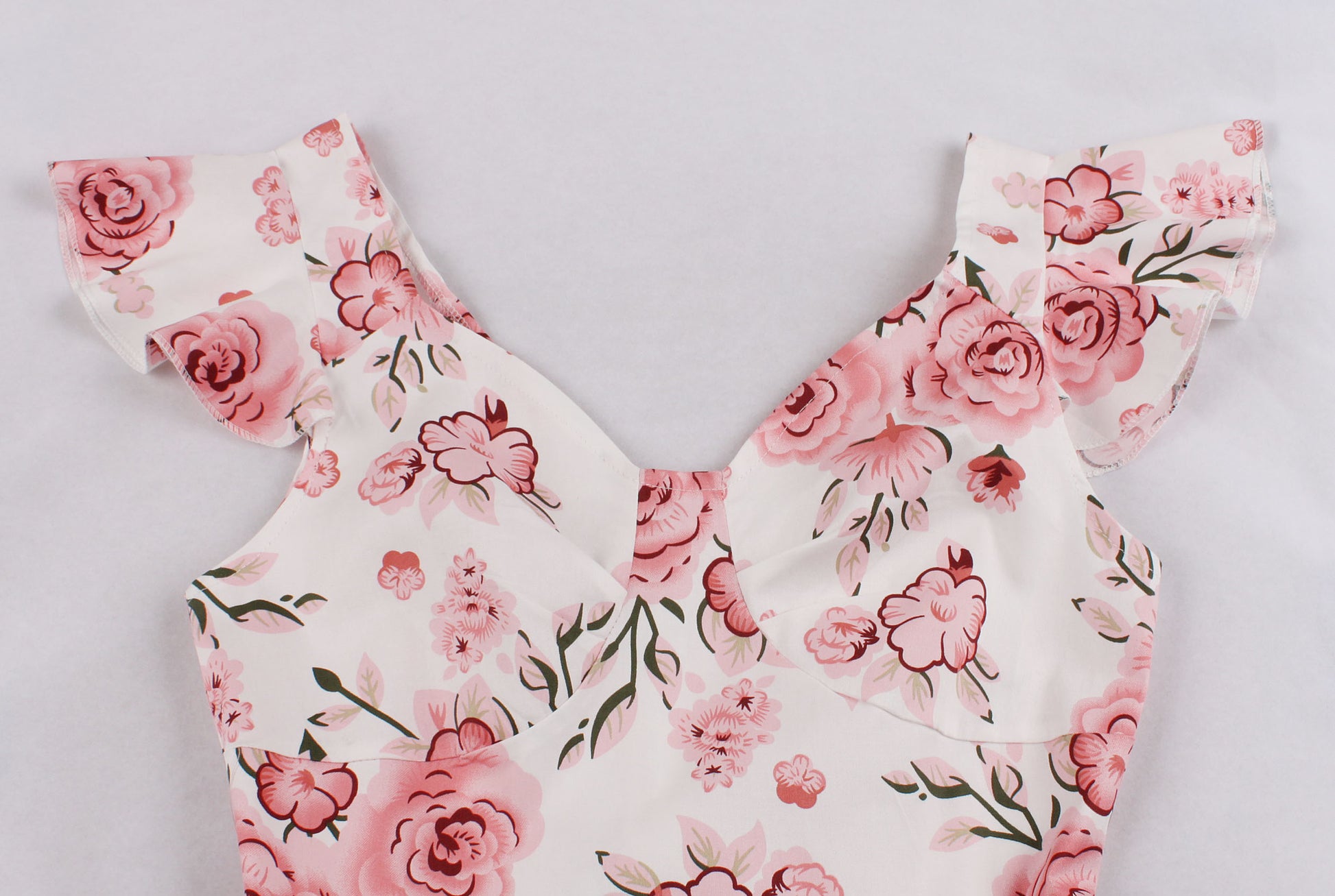 Women Vintage 1950s Cocktail Party Swing Dresses with Ruffle Cap Sleeves V Neck Floral Print Dress White