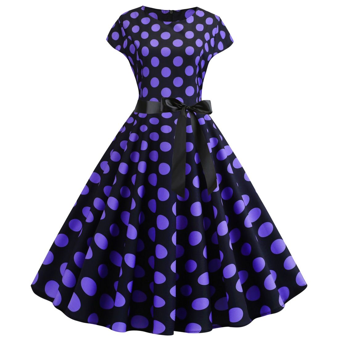 Women Vintage 1950s Retro Polka Dot Print Evening Party Prom Swing Dress Black