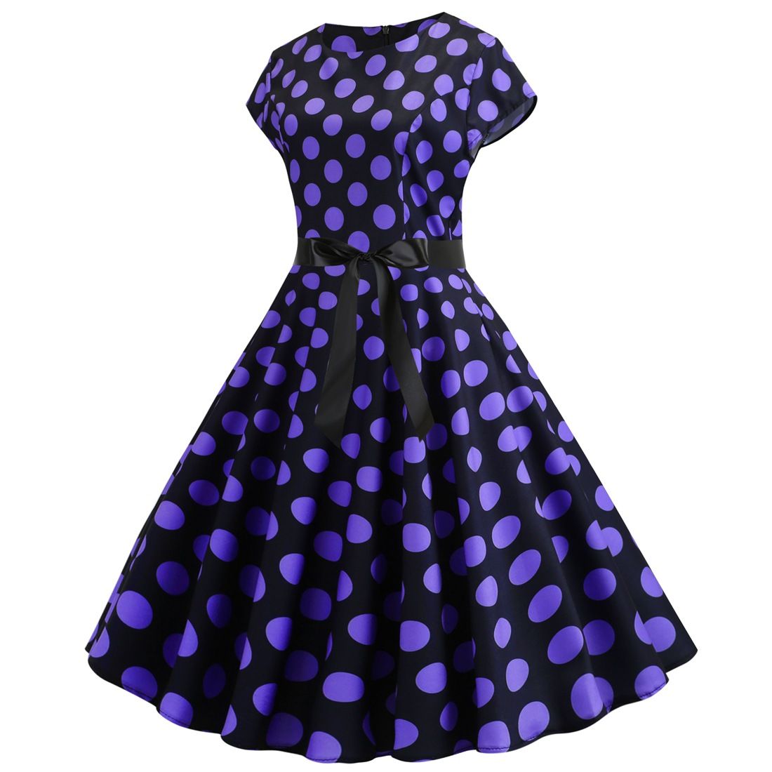 Women Vintage 1950s Retro Polka Dot Print Evening Party Prom Swing Dress Black