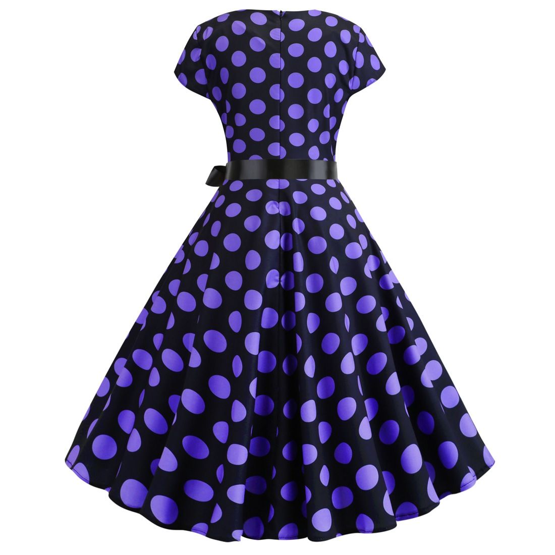 Women Vintage 1950s Retro Polka Dot Print Evening Party Prom Swing Dress Black