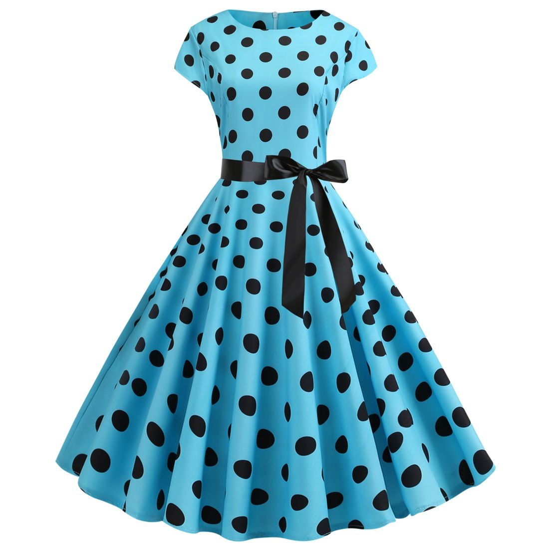 Women Vintage 1950s Retro Polka Dot Print Evening Party Prom Swing Dress Blue