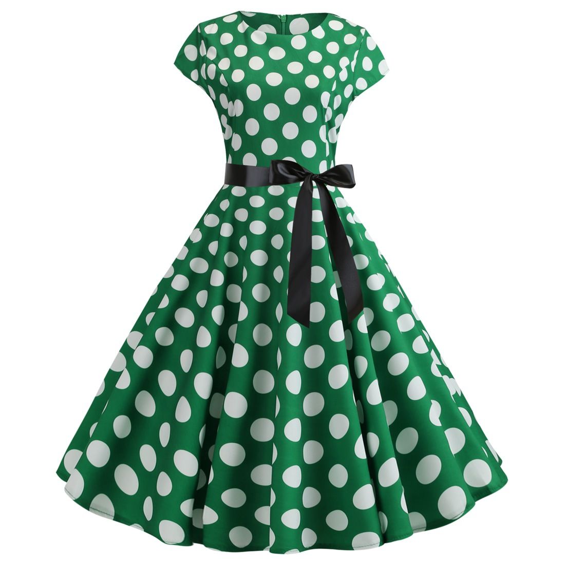 Women Vintage 1950s Retro Polka Dot Print Evening Party Prom Swing Dress Green
