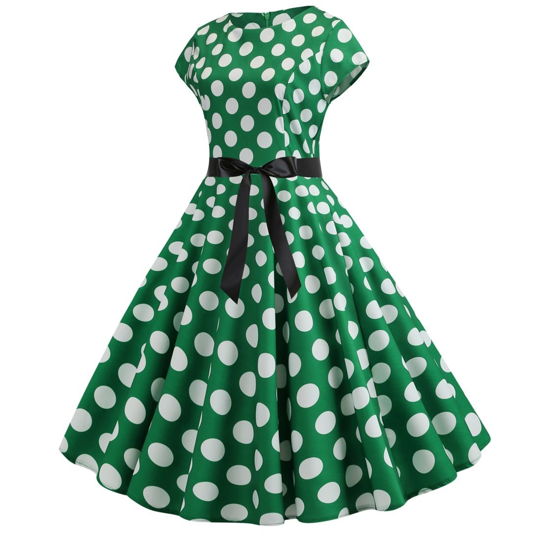 Women Vintage 1950s Retro Polka Dot Print Evening Party Prom Swing Dress Green