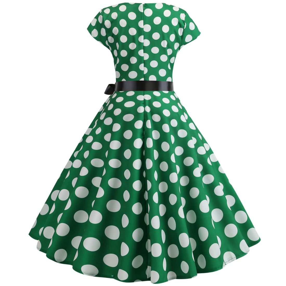 Women Vintage 1950s Retro Polka Dot Print Evening Party Prom Swing Dress Green