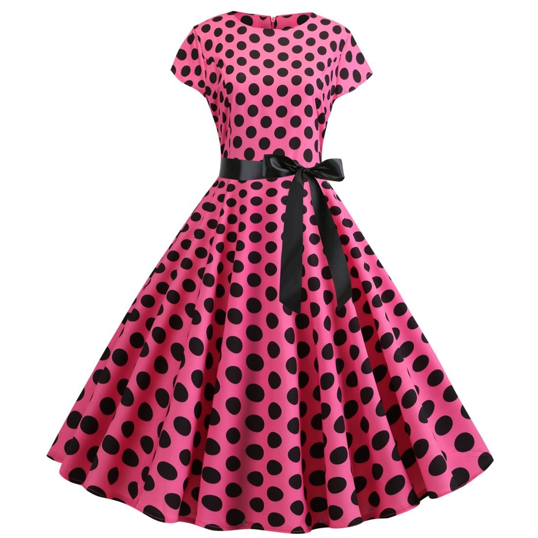 Women Vintage 1950s Retro Polka Dot Print Evening Party Prom Swing Dress Pink