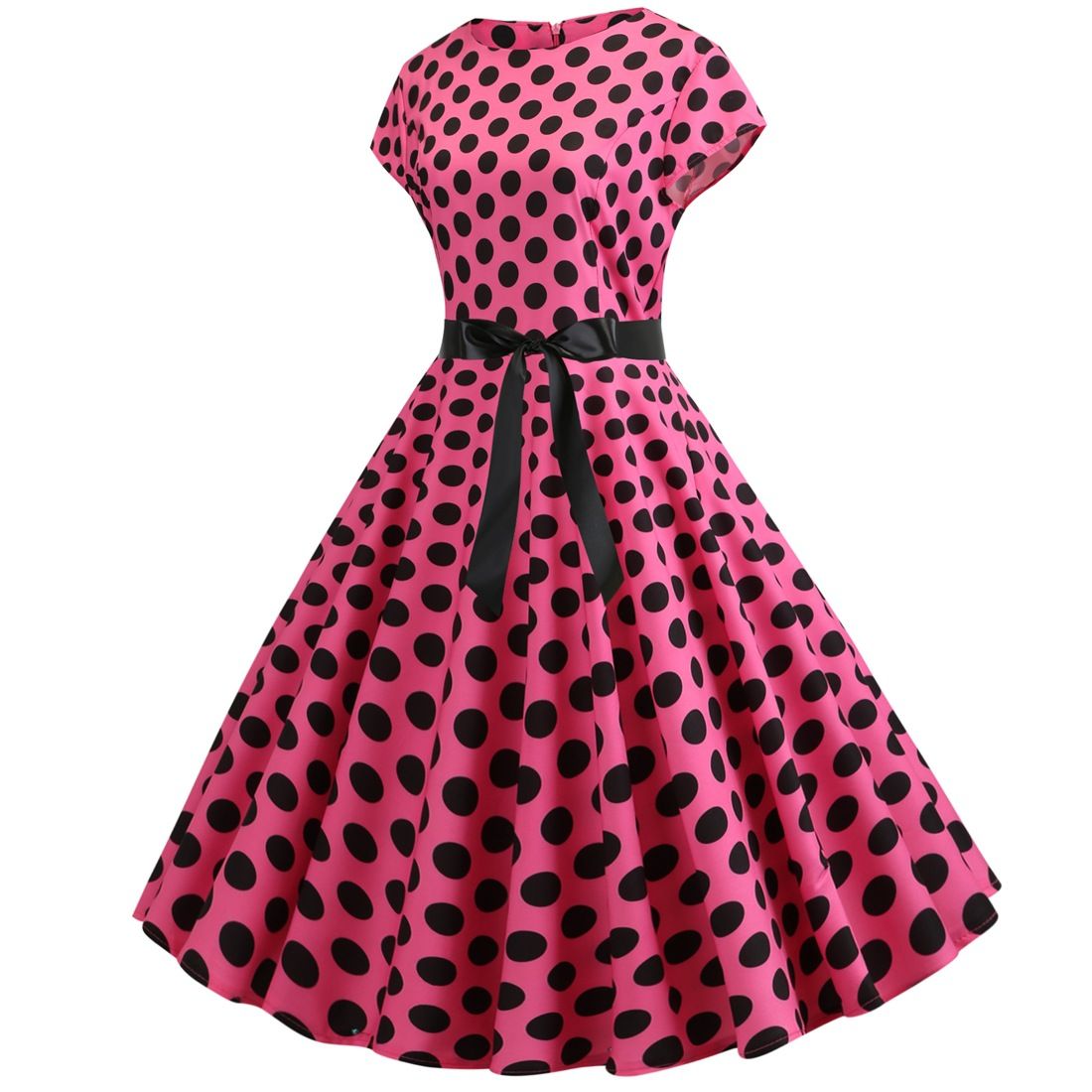 Women Vintage 1950s Retro Polka Dot Print Evening Party Prom Swing Dress Pink