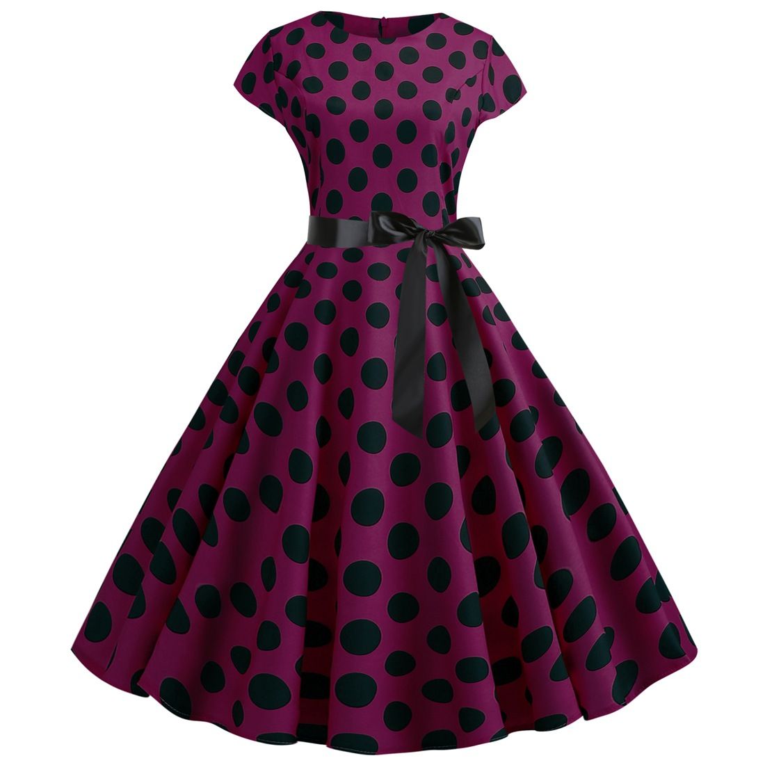 Women Vintage 1950s Retro Polka Dot Print Evening Party Prom Swing Dress Purple