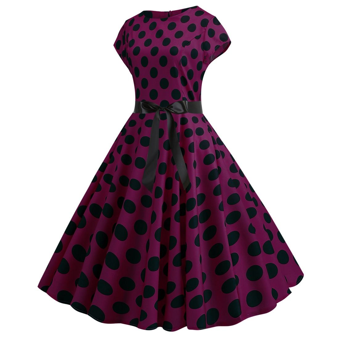 Women Vintage 1950s Retro Polka Dot Print Evening Party Prom Swing Dress Purple