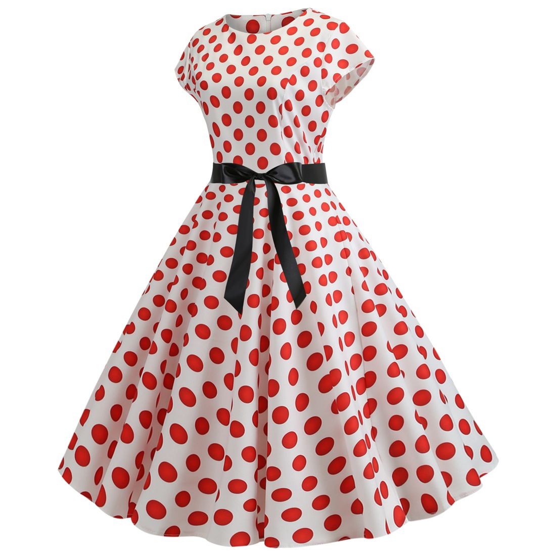 Women Vintage 1950s Retro Polka Dot Print Evening Party Prom Swing Dress White