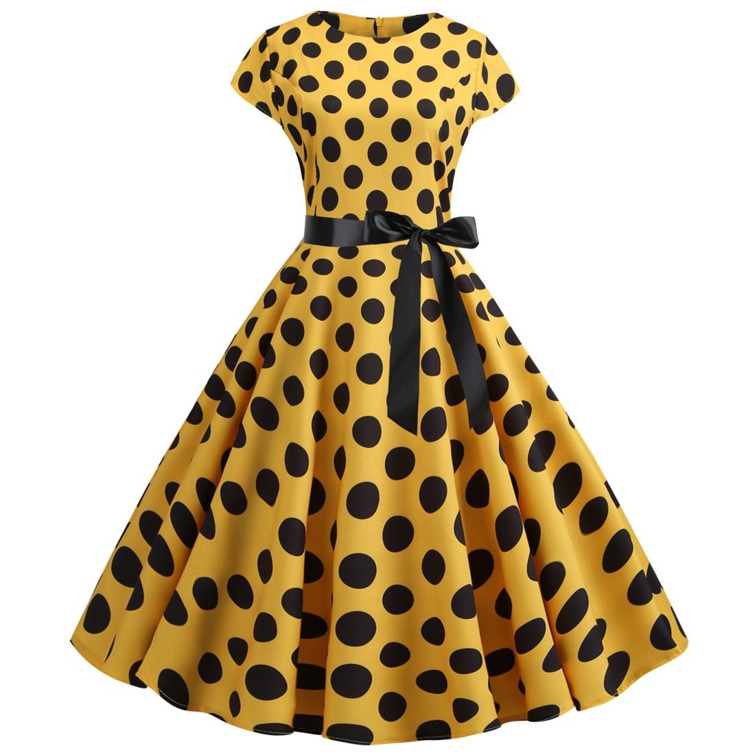 Women Vintage 1950s Retro Polka Dot Print Evening Party Prom Swing Dress Yellow
