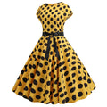 Women Vintage 1950s Retro Polka Dot Print Evening Party Prom Swing Dress Yellow