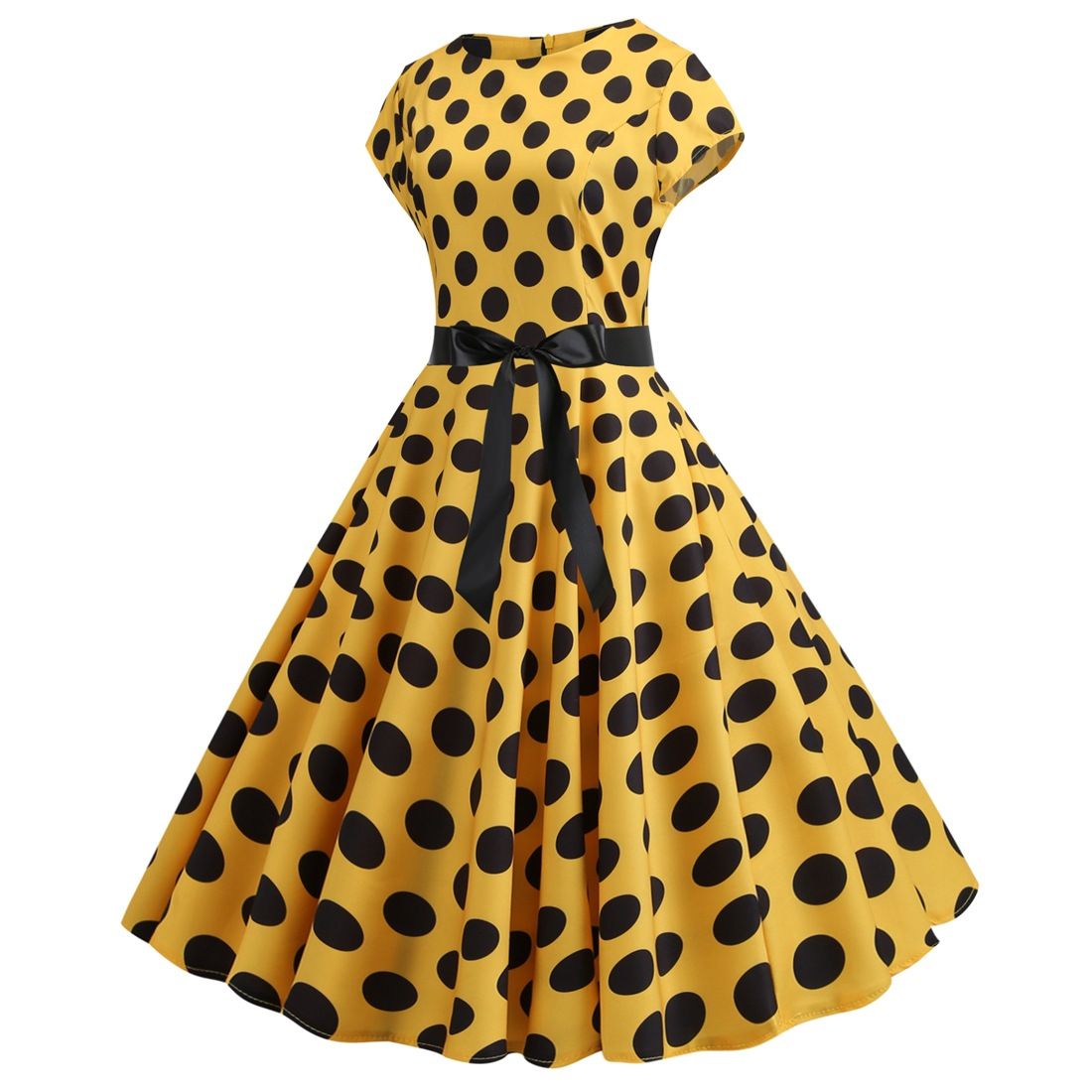 Women Vintage 1950s Retro Polka Dot Print Evening Party Prom Swing Dress Yellow
