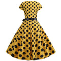 Women Vintage 1950s Retro Polka Dot Print Evening Party Prom Swing Dress Yellow