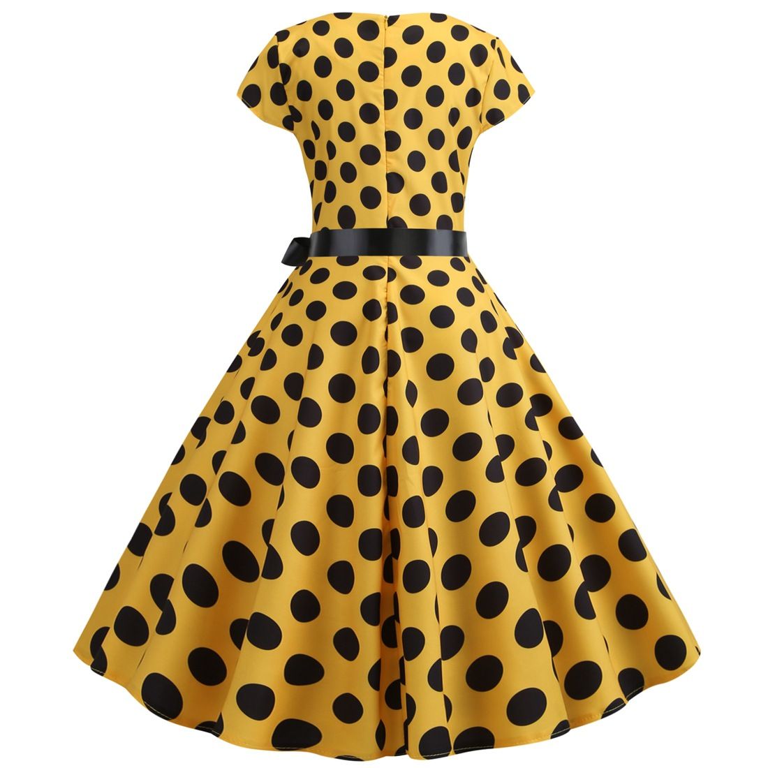 Women Vintage 1950s Retro Polka Dot Print Evening Party Prom Swing Dress Yellow