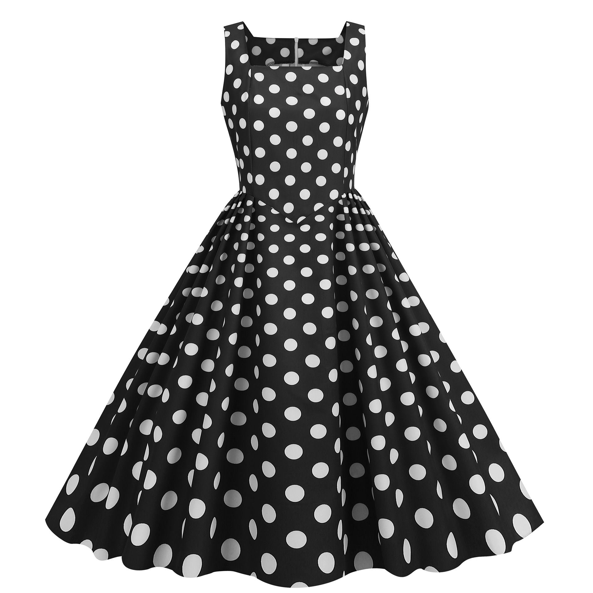 Women Vintage 50s 1950s Dress Square Neck A-line Polka Dot Swing Dresses Black