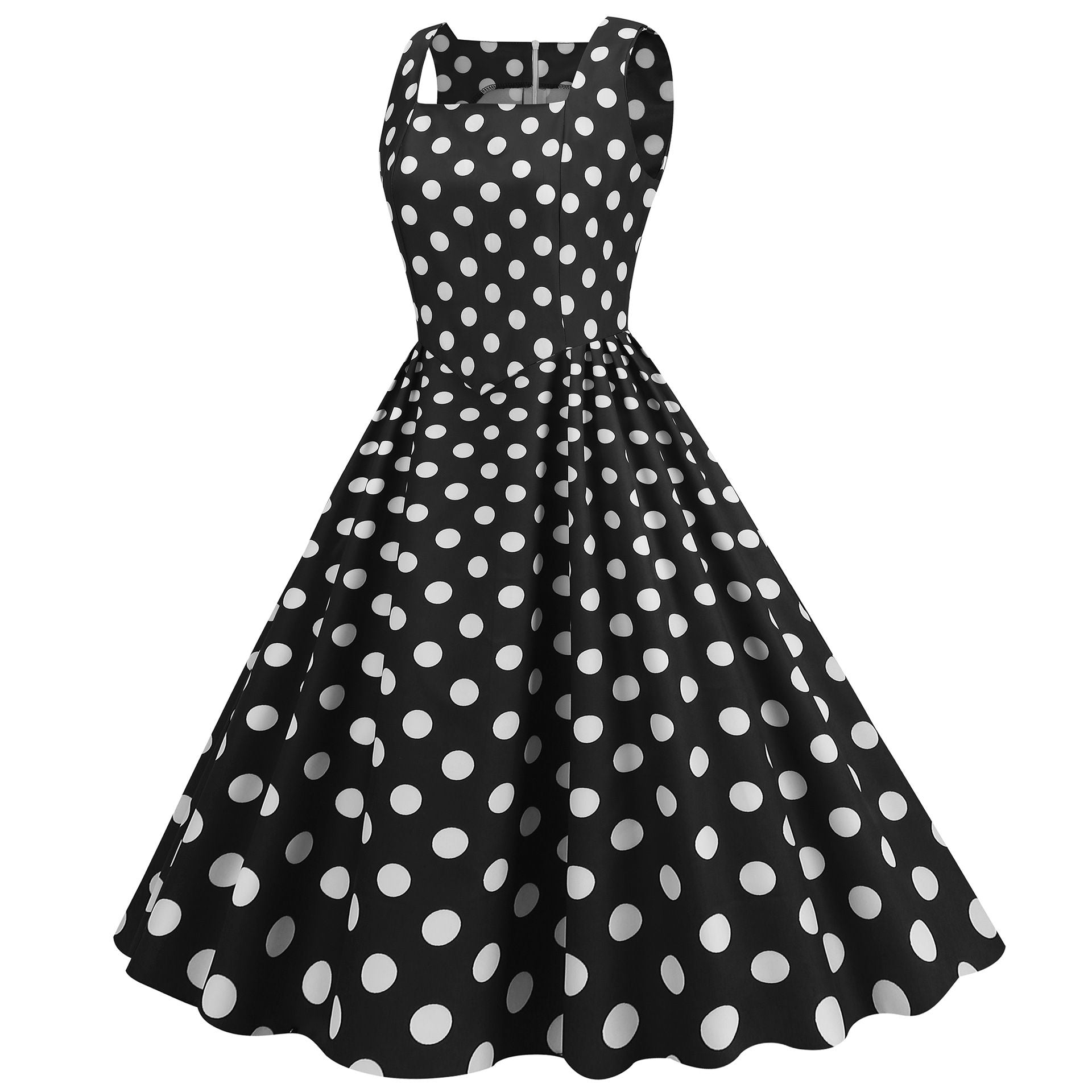 Women Vintage 50s 1950s Dress Square Neck A-line Polka Dot Swing Dresses Black