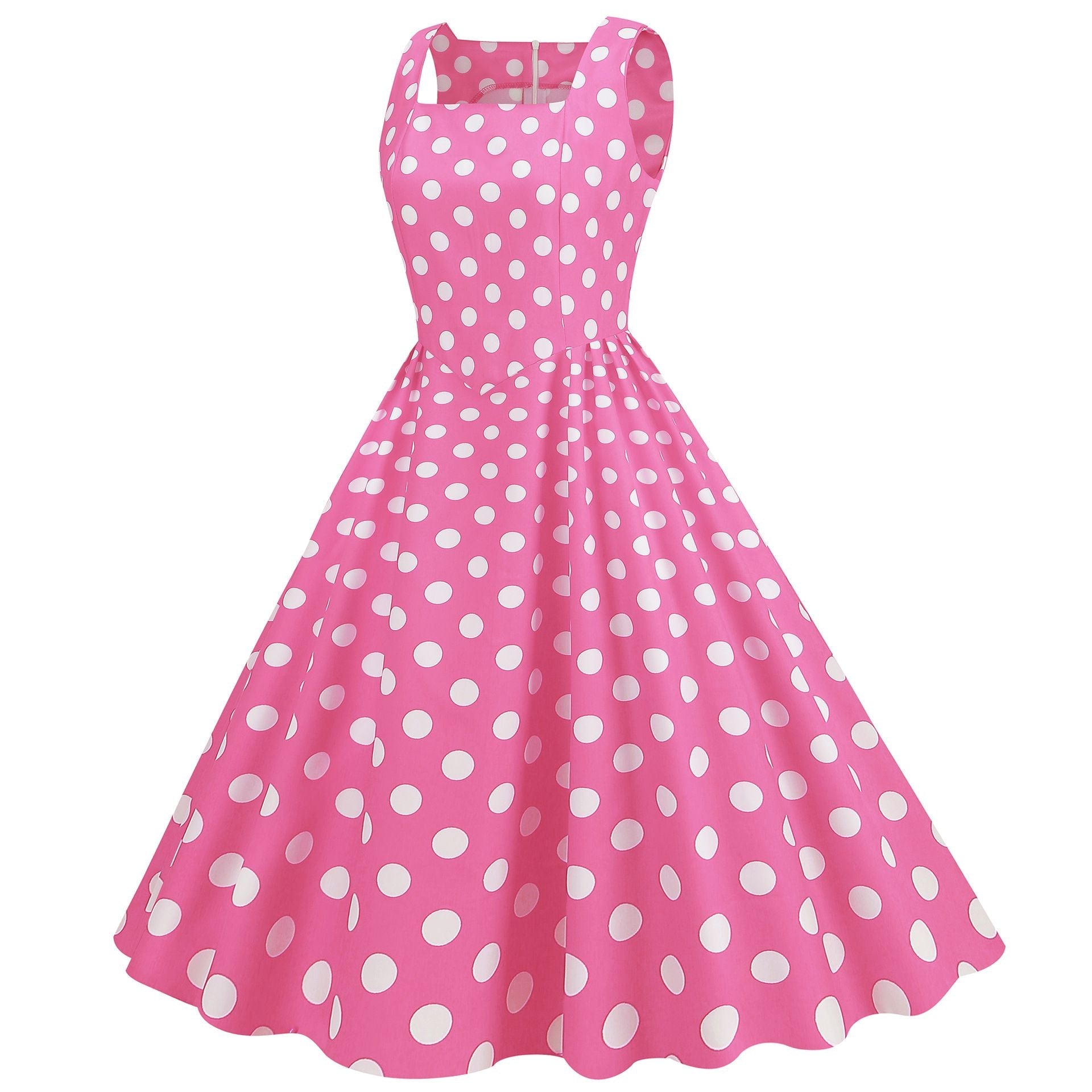 Women Vintage 50s 1950s Dress Square Neck A-line Polka Dot Swing Dresses Pink