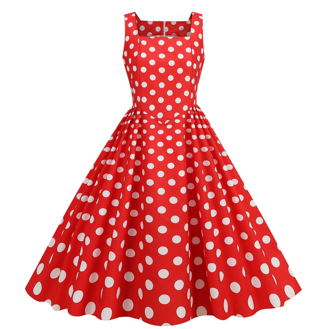 Women Vintage 50s 1950s Dress Square Neck A-line Polka Dot Swing Dresses Red