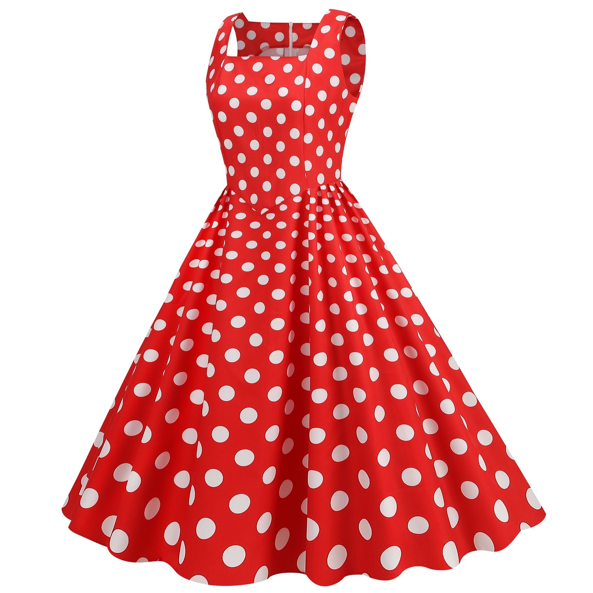 Women Vintage 50s 1950s Dress Square Neck A-line Polka Dot Swing Dresses Red
