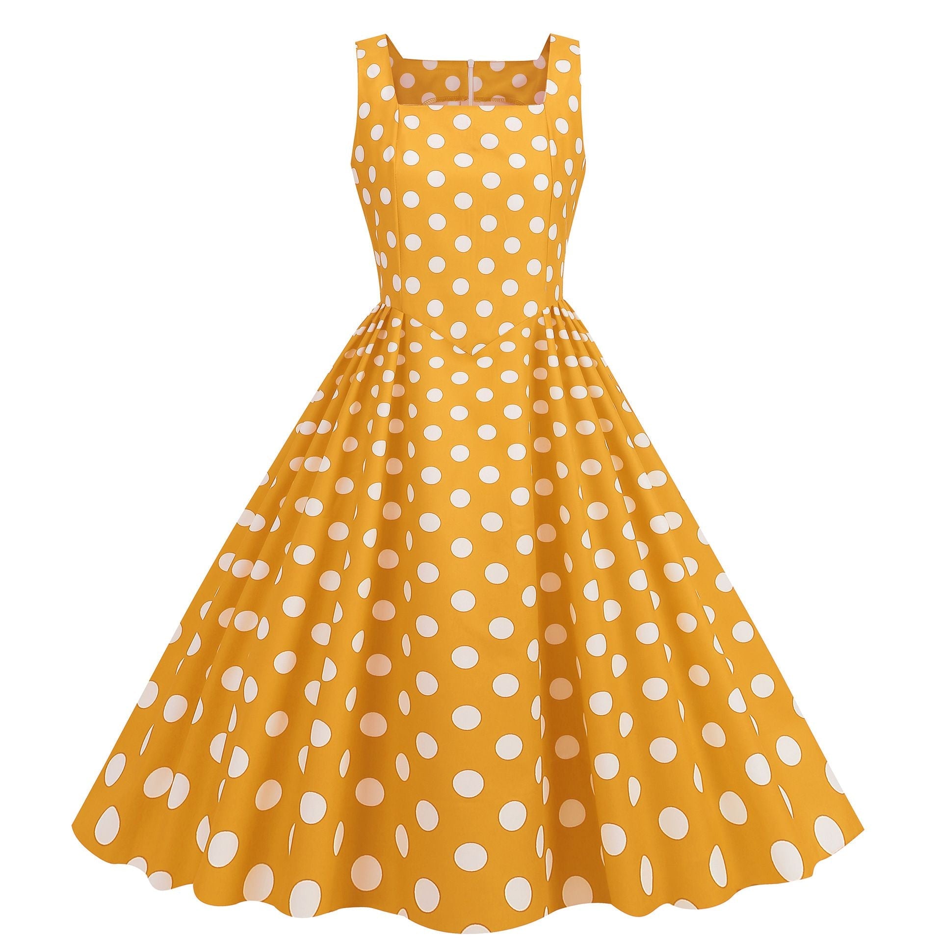 Women Vintage 50s 1950s Dress Square Neck A-line Polka Dot Swing Dresses Yellow