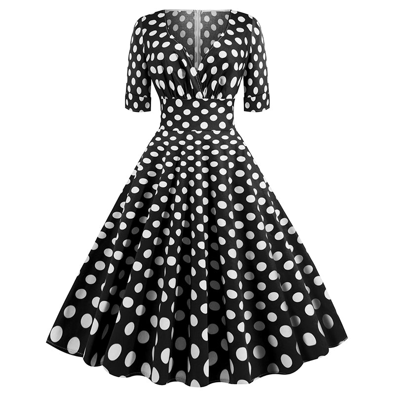Women Vintage 50s 60s Polka Dot Swing A-line Evening Party Cocktail Dresses Black