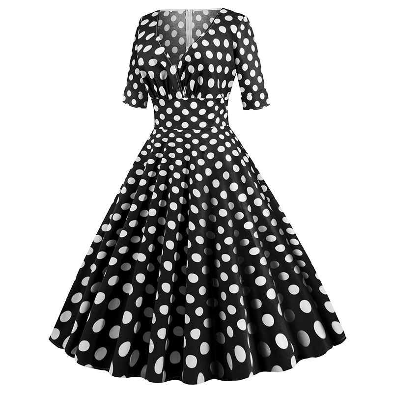 Women Vintage 50s 60s Polka Dot Swing A-line Evening Party Cocktail Dresses Black
