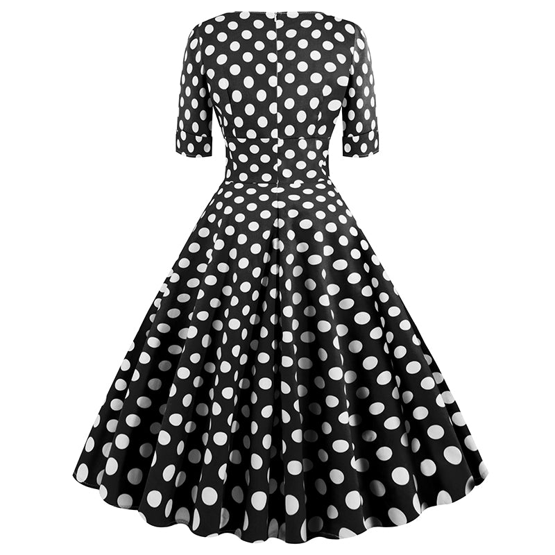 Women Vintage 50s 60s Polka Dot Swing A-line Evening Party Cocktail Dresses Black