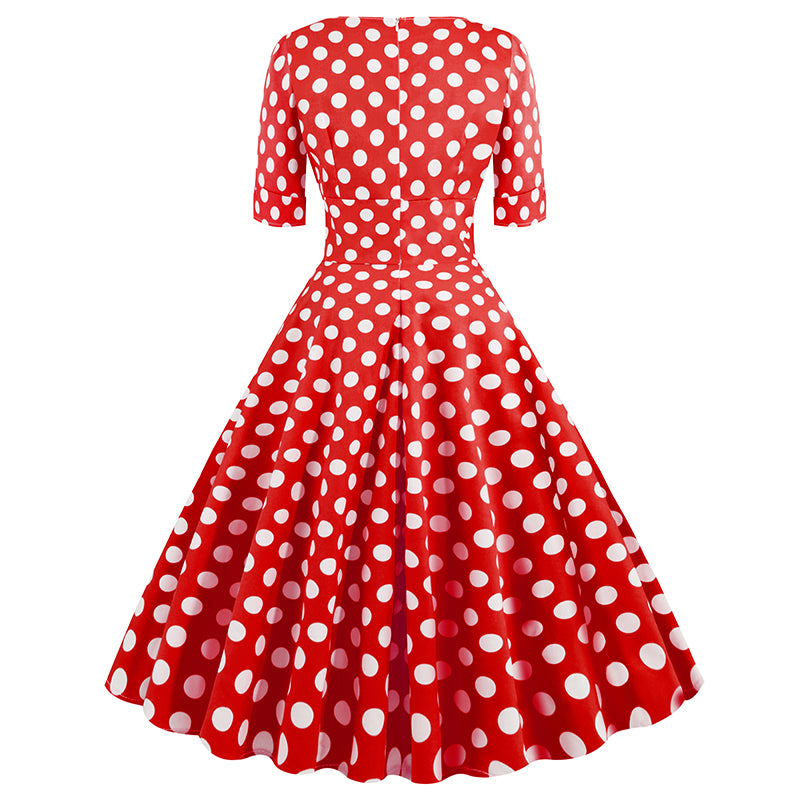 Women Vintage 50s 60s Polka Dot Swing A-line Evening Party Cocktail Dresses Red