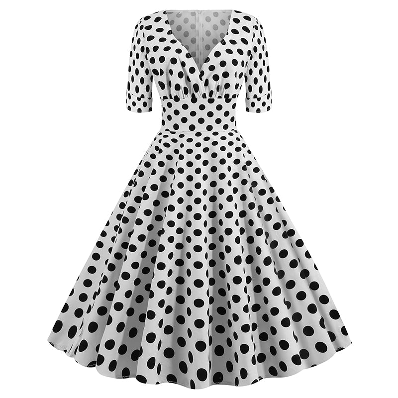 Women Vintage 50s 60s Polka Dot Swing A-line Evening Party Cocktail Dresses White